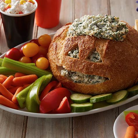 Dip Bread Bowl, Spinach Dip Bread, Spinach Dip Bread Bowl, Halloween Dip, Bread Bowl Recipe, Creamy Spinach Dip, Halloween Food Appetizers, Halloween Snack, Fun Halloween Food