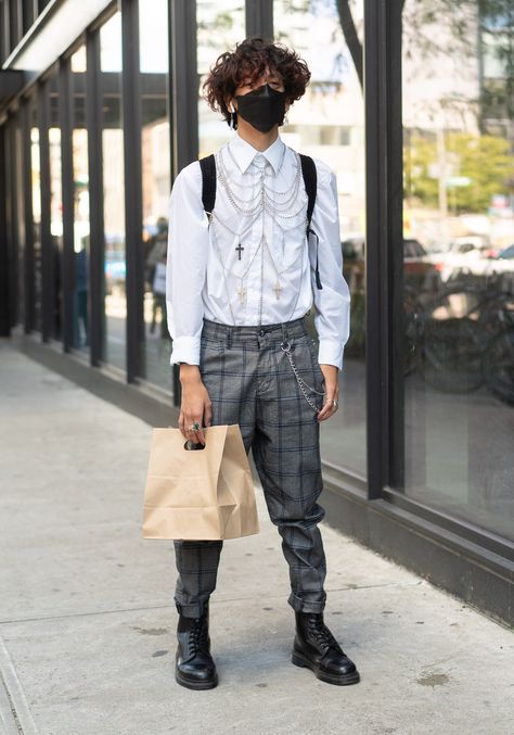 “I am wearing a chain piece that I made over my white dress shirt. With dress pants and my Doc Martens. Something that inspires my style currently would be wanting to add creativity and more accessories to my outfits.” Nyc Looks, Doc Martens Mens, White Doc Martens, Doc Martens Style, White Shirt Outfits, White Dress Shirt, Doc Marten, White Shirt Dress, Doc Martens