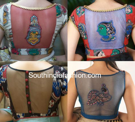 Readymade Kalamkari blouse designs with sheer back neck  embellished with buttons and kalamkari patches. kalamkari patch work blouse Blouse Neck Patterns, Kalamkari Blouse Designs, Casual Blouse Designs, House Of Blouse, Kalamkari Blouse, Blouse Necklines, Simple Kurta Designs, Patch Work Blouse, Kids Dress Patterns