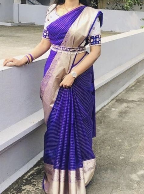 Blue Saree With White Blouse, Saree With White Blouse, Draping Ideas, Silk Saree Blouse Designs Patterns, Saree With Belt, Saree Ideas, Blouse Designs High Neck, Cutwork Blouse, Pattu Saree Blouse Designs