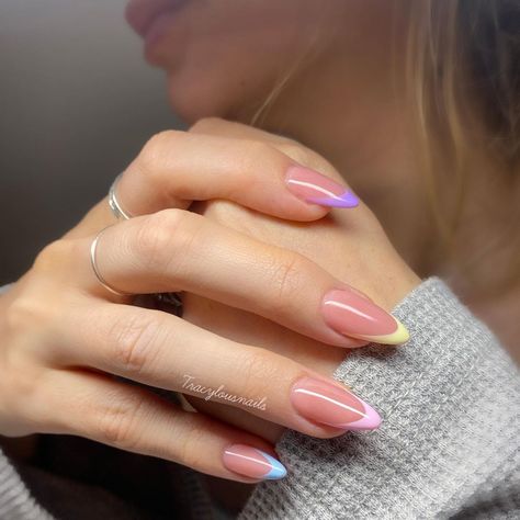 Multicoloured French Tip Nails, Pastel Almond Nails, Pastel French Tips, Pointy Almond, Almond Nails French, Nails French Tip, Almond Nail, Tip Nails, Nails French