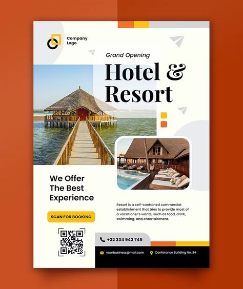 Hotel and Resort Flyer Template PSD Advertising Flyers, Hotel And Resort, Flyer Design Layout, Visiting Card Design, Resort Design, Leaflet Design, Flyer Layout, Web Design Tips, Promotional Design