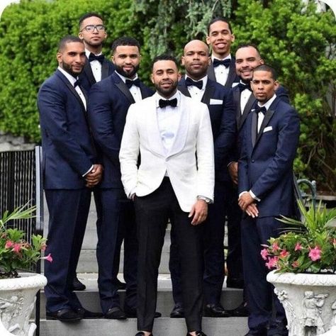 Three Piece Tuxedo, White Tuxedo Wedding, Blue Groomsmen Suits, Groom Tuxedo Wedding, Blue Groomsmen, Wedding Suits For Men, Groom Wedding Attire, Groomsmen Outfits, Groom And Groomsmen Attire