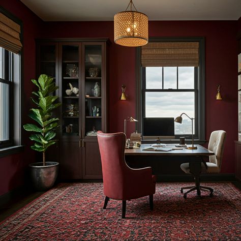 Burgundy Office Decor Ideas, Red Study Room, Dark Red Office, Burgundy Office, Red Office, Black Office, Office Room, Design Your Dream House, Study Office