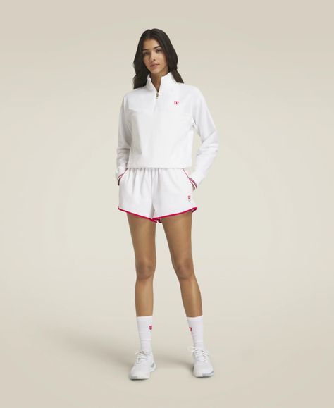 DAVENPORT WOVEN POP OVER | Wilson Sporting Goods Sport Coach Outfit, Wilson Tennis Outfit, Women Tennis Outfits, Workout Wear Outfits, Soccer Fits, Summer Sports Outfits, Outfit Tennis, Athleisure Chic, Summer Workout Outfits