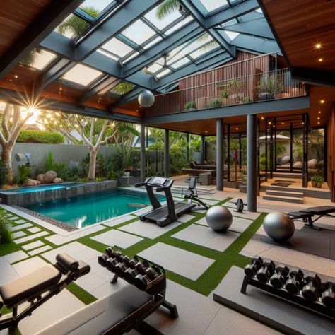 Transform your backyard into a fitness paradise with a custom gym and pool. Perfect for seamless indoor-outdoor workouts! #HomeGymIdeas #PoolsideFitne #PoolParty #SwimmingPool #PoolTime Dream Pools Luxury Indoor, Home Gym Design Luxury, Outdoor Home Gym, Indoor Pool House, Dream Home Gym, Luxury Houses Mansions, Gym Room At Home, Home Gym Design, Gym Room