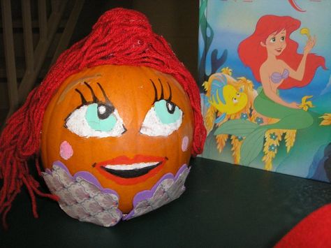 The Little Mermaid - Book Character Pumpkin  (Pumpkin Painting 2007) Ariel Pumpkin Decorating, Ariel Pumpkin, Ariel Pumpkin Painting, Book Character Pumpkins, Story Book Pumpkin, Mermaid Home Decor, Mermaid Books, Character Pumpkins, Pumpkin Carving Contest