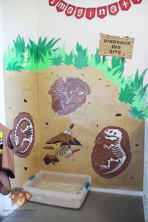 Paleontologist Preschool Activities, Dinosaur Stage Design, Dinosaur Preschool Decorations, Discovery Preschool Kindercare, Prehistoric Classroom Theme, Dinosaurs Classroom Decorations, Dinasour Classroom Decoration, Dinosaur Vacation Bible School, Dinosaur Classroom Theme Decor Preschool