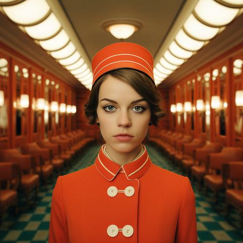 Hotel photography inspired by Wes Anderson aesthetic and colors Created with Midjourney Wes Anderson Movie Scenes, Hotel Chevalier Wes Anderson, Wes Anderson Female Characters, Wes Anderson Aesthetic Colour Palettes, Bellboy Uniform, Wes Anderson Photography, Wes Anderson Characters, We Anderson, Anderson Aesthetic