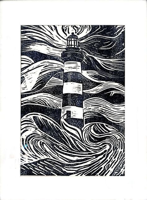 Lighthouse Lino Print, Lighthouse Linocut, Xilografia Ideas Faciles, Lighthouse In A Storm, Print Making Designs, Lighthouse Drawing, Woodblock Printmaking, Woodcut Illustration, Woodcut Art