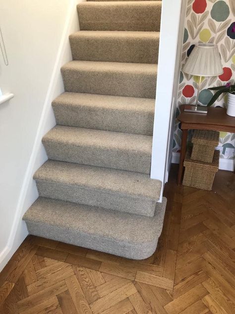 This neutral carpet from Thomas Witter compliments the new parquet floor and wallpaper perfectly!  (Pictured: Accolade 40oz Carpet colour Bayleaf) Stairs Colours, Cream Carpet, Parquet Floor, Neutral Carpet, Stair Case, Wooden Floors, Grey Carpet, Carpet Stairs, Parquet Flooring