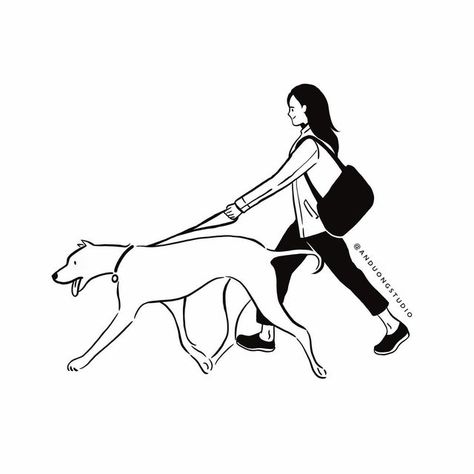 Dog Walking Illustration, Dog Ink Drawing, Dog And Girl, Girl Outlines, Dog Girl, Dog Illustrations, Dog Line Art, Ink Doodles, Technical Pen