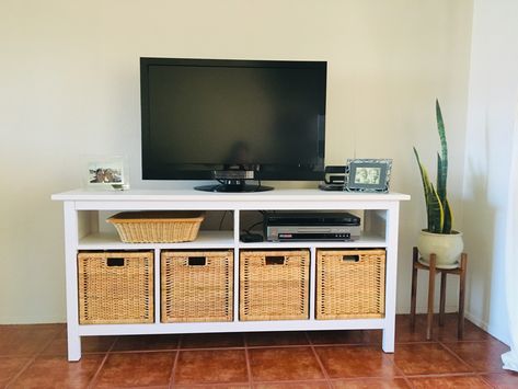 Tv Stand Small Bedroom, Small Tv Console Ideas, Console Table Hack, Ikea Hacks Living Room, Hemnes Tv Stand, Living Room Tv Stands, Small Tv Console, Tv Stand And Coffee Table Set, Ikea Hack Living Room