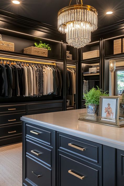 Create a closet that feels like your personal boutique. Use display racks, velvet-lined drawers, and chic lighting to showcase your favorite pieces in style. 🛍️✨👠 #BoutiqueCloset #FashionForward #HomeDecor #ClosetInspiration Black Master Closet, Black And Gold Closet, Dark Walk In Closet, Moody Closet, Vanity Closet Ideas, Seoul Apartment, Vanity Closet, Master Closet Design, Black Closet