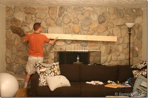 Installing a wood mantel on a stone or brick fireplace wall before Diy Mantle, Diy Fireplace Mantle, Brick Fireplace Wall, Wood Mantel, Floating Mantel, Fireplace Shelves, Brick Fireplace Makeover, Old Fireplace, Rock Fireplaces