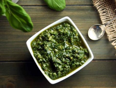 Easy Keto Basil Pesto Recipe [Dairy-Free, No Cheese] | You can still enjoy tasty pesto within the boundaries of your ketogenic diet. This easy keto basil pesto recipe adds nutritional yeast flakes for a cheesy taste without adding dairy. Pesto Recipe No Cheese, Recipes With Basil, Pesto Uses, Keto Condiments, Keto Stir Fry, Basil Pesto Recipe, Sauces And Dressings, Cheese Keto, Basil Pesto Recipes