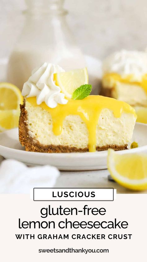 Our Gluten-Free Lemon Cheesecake recipe is the perfect lemon dessert recipe for lemon lovers! A buttery graham cracker crust, luscious lemon filling, zesty lemon curd, and fluffy whipped cream make each bite delicious! This gluten-free cheesecake recipe is the perfect spring dessert for Easter or Mother's Day, or makes an impressive Thanksgiving or holiday dessert. You won't want to miss it! Gluten Free Baked Cheesecake, Lemon Gluten Free Desserts, Gluten Free Lemon Cheesecake, Gluten Free Lemon Desserts, Gluten Free Cheesecake Recipes, Gluten Free Cupcake Recipe, Lemon Cheesecake Recipe, Lemon Meringue Cheesecake, Gluten Free Dairy Free Dessert