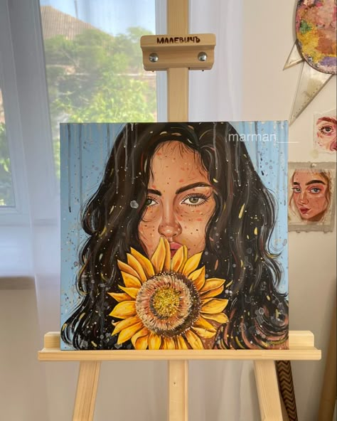 Acrylic Painting Canvas Portrait, Cherry Blossom Painting Acrylic, Canvas Painting Ideas Aesthetic, Inspiring Drawings, Sunflower Girl, Portrait On Canvas, Acrylic Portrait Painting, Draw Tutorial, Blossom Painting