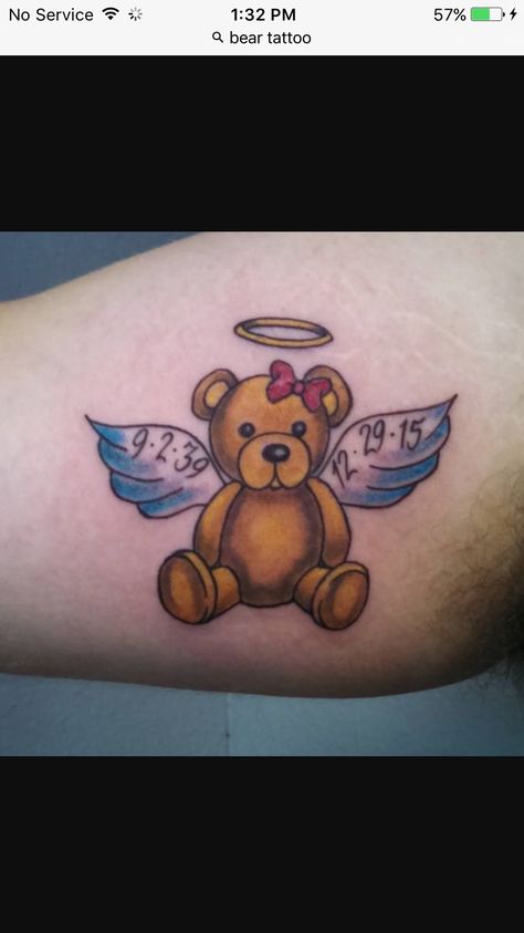 Grizzly Bear Tattoos, Teddy Bear Tattoo, Bear Tattoo Designs, Bear Tattoos, Angel Wings Tattoo, Wing Tattoo, Angel Tattoo Designs, Tattoo For Son, Bear Tattoo