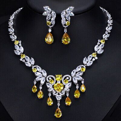 Top Rated Charming Yellow CZ Leaf Tassel Drop Necklace Earring Jewelry Set for Women Party, Jewelry & Watches Earrings Design Gold, Bridal Gold Earrings, Gold Earrings Design, Beautiful Gold Earrings, Fantasy Jewelry Magic, Exotic Jewelry, Bohemian Style Jewelry, Glamour Nails, Yellow Necklace