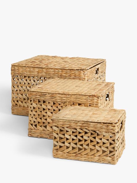 Stacked together or separated to hold your things, these nesting baskets are the ultimate in stylish storage. They feature a wire frame with attractive zigzag weave hyacinth. Sizes: H45 x W29 x H40cm; H36 x W23.5 x D32cm and H28 x W18 x D23cm. Water hyacinth has a fibrous tissue which makes it ideal for basket weaving. Artisans use traditional weaving techniques to create decorative yet durable pieces. With great prices and great design, our new brand offers style and quality for modern living t Nesting Baskets, Diy Weaving, Storage Trunk, Shell Station, Water Hyacinth, Traditional Weaving, Wire Frame, Weaving Art, Stylish Storage