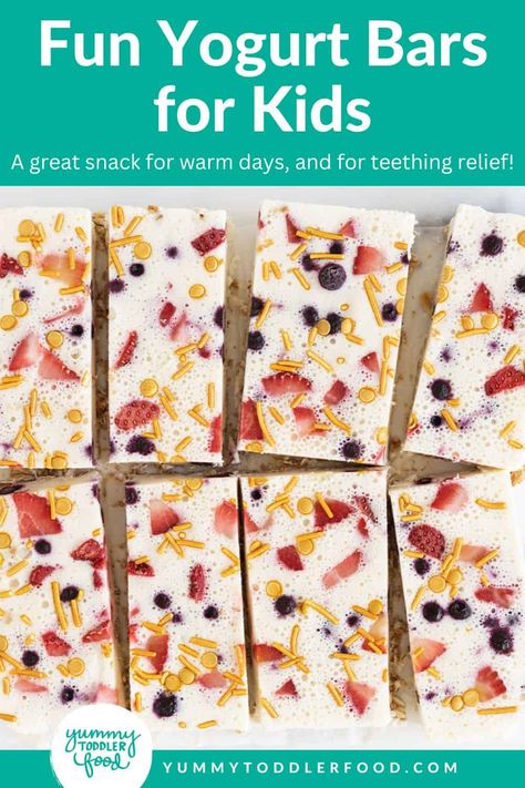 Yogurt bars cut into squares. Granola Yogurt Bars, Diy Frozen Yogurt, Tiny Bellies, Blueberry Yogurt Cake, Planning 2023, Frozen Yogurt Pops, Yogurt Bars, Homemade Sorbet, Yogurt And Fruit