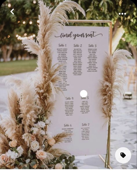 Boho Table Seating Chart Wedding, Beach Wedding Table Seating Chart, Boho Seating Chart Wedding Ideas, Greenery And Pampas Grass Wedding Decor, Pampas Grass Seating Chart, Greenery Pampas Wedding, Boho With Greenery, White Beige Wedding Decor, Boho Pompous Grass Wedding