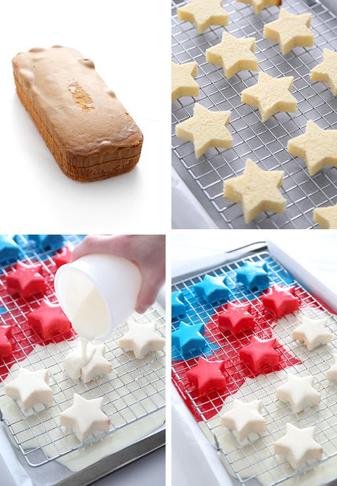 Easy Patriotic Petit Fours Star Shaped Desserts, Easy Healthy Cake, Petit Four Recipes, Edible Gold Glitter, Star Shaped Cookies, Local Bakery, Canned Frosting, Healthy Cake Recipes, Fourth Of July Food