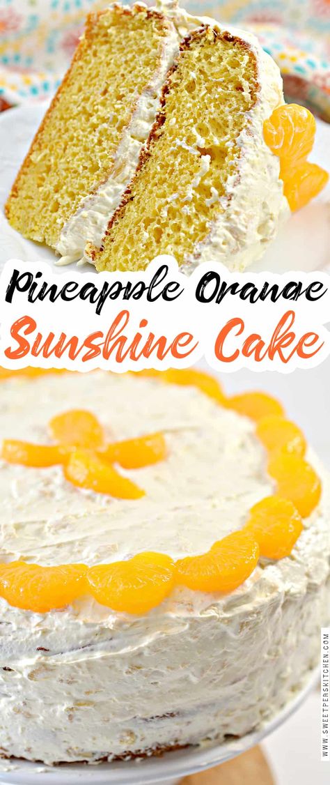 Pineapple Orange Sunshine Cake Cake With Mandarin Oranges, Orange Sunshine Cake, Pineapple Sunshine Cake, Pig Pickin, Sunshine Cake, Food Charlatan, Instant Pudding Mix, Summer Cakes, Vanilla Pudding Mix