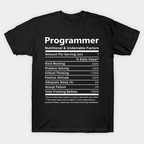 Programmer is a perfect gift t shirt for Programmer colleagues and friends. A funny Programmer shirt for husband, wife, dad or mom on birthday, anniversary or party tee -- Choose from our vast selection of Crewneck and V-Neck T-Shirts to match with your favorite design to make the perfect custom graphic T-Shirt. Pick your favorite: Classic, Relaxed Fit, V-Neck, Tri-Blend, Dolman Extra Soft Tri-Blend, Slouchy V-Neck, Slouchy, Premium, Heavyweight, Curvy, Ringer, and Curvy V-Neck. Customize your c Adequate Sleep, Personal History, Project Manager, Positive Attitude, Husband Wife, Critical Thinking, Birthday Anniversary, Nutrition Facts, Gift Item