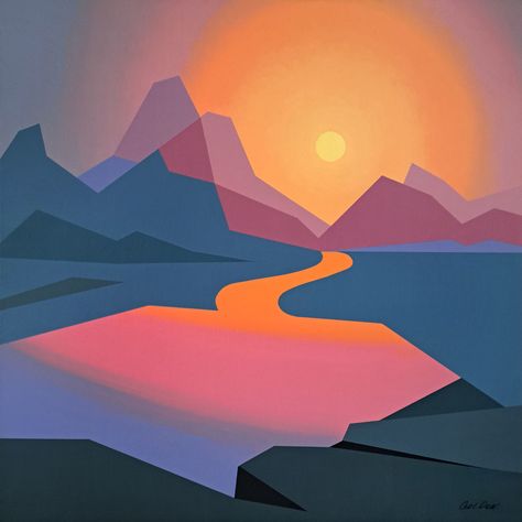 Artist Gallery: Denys Golden Sunset Illustration Art, Golden Canada, Mountain Sunset Painting, Purple Rocks, Geometric Sun, Geometric Graphic Design, Purple Mountains, Reference Board, 2d Illustration