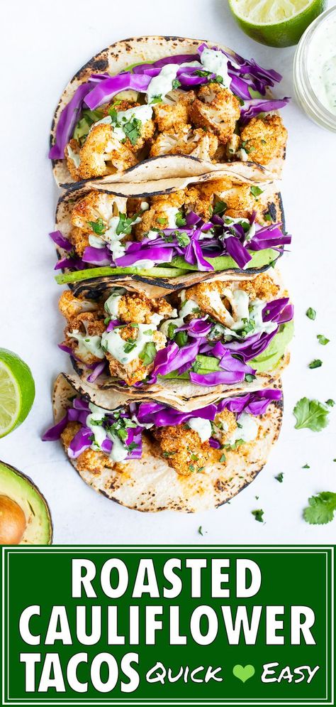 Roasted Cauliflower Tacos with a cilantro lime sauce are an absolutely dreamy meal! This plant-based recipe is filling and flavorful. The cauliflower is tossed in a homemade taco seasoning and then roasted in the oven to perfection. Top your tacos with this delicious vegan cilantro lime cream sauce that will have you coming back for more! You won't miss the meat in this vegan and gluten-free lunch or dinner.  #cauliflower #tacos #vegan #plantbased #vegetarian Cilantro Lime Cream Sauce, Cilantro Lime Cream, Lime Cream Sauce, Roasted Cauliflower Tacos, Cilantro Lime Sauce, Plant Based Lunch, Cauliflower Tacos, Lime Cream, Plant Based Dinner