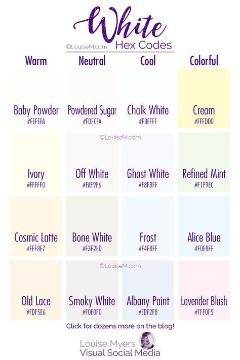 chart of 16 tints of White with Hex Codes. White Shades Palette, Off White Color Palette, White Hex Code, Broken White Color, Fall Fonts, Eye Color Chart, White Color Palette, Pantone Color Chart, Colours That Go Together