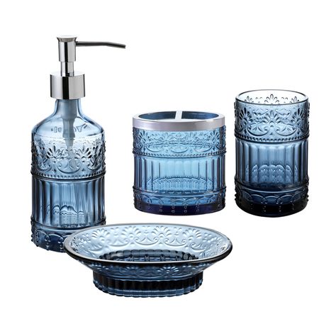 Dark Blue Bathrooms, Bathroom Vanity Accessories, Navy Blue Bathrooms, Glass Bathroom Accessories, Blue Bathroom Accessories, Blue Bathroom Decor, Bathroom Accessories Set, Bathroom Accessories Sets, Bath Accessories Set