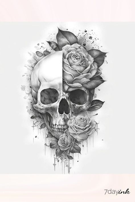 Pretty Skull Tattoos, Skull And Roses Tattoo, Floral Skull Tattoos, Girly Skull Tattoos, Skull Thigh Tattoos, Skull Tattoo Flowers, Unique Half Sleeve Tattoos, Feminine Skull Tattoos, Skull Rose Tattoos