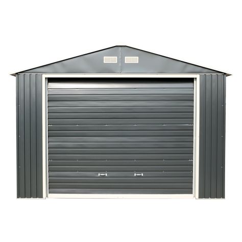 Duramax Building Products 12 x 20 ft. Imperial Metal Garage Dark Gray / White Vinyl Sheds, Steel Storage Sheds, Apex Roof, Metal Garage, Metal Storage Sheds, Steel Garage, Large Sheds, Metal Garages, Garage Shed