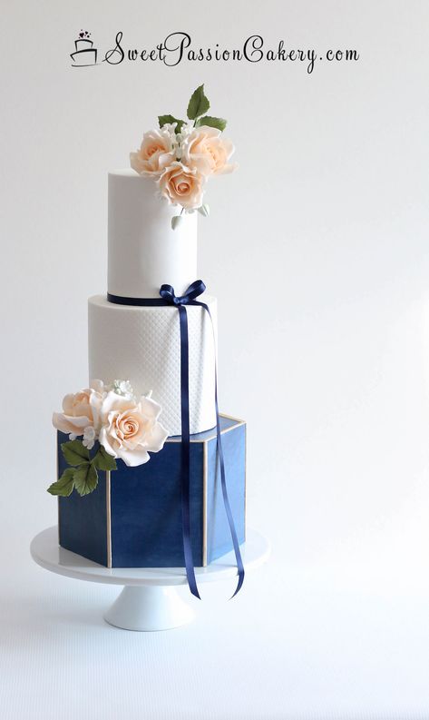 Navy Peach Wedding, Blue And Peach Wedding, Peach Wedding Cake, Hexagon Wedding Cake, Navy Blue Wedding Cakes, Wedding Cake Peach, Navy Gold Wedding, Wedding Cake Navy, Display Cake