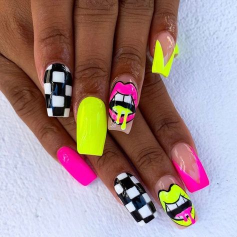 Neon Nails With Design, Nail Pop Art, Fun Neon Nails, Lsd Nails, Neon Summer Nails, Neon Nail Art Designs, Funky Nail Designs, Pop Art Nails, Nails Neon