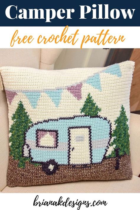 This fun and cute free crochet pattern is the perfect crochet home decor pattern for intermediate level crocheters. If you have fond memories of camping, this pattern is perfect for you. I hope you enjoy not only working up this pattern but adding beautiful hand made decor to your home. Camper Crochet, Pillow Cover Crochet Pattern, Pillow Covers Pattern, Crochet Pillow Cover, Crochet Pillow Pattern, Crochet Pillows, I Love This Yarn, Knit Pillow, Crochet Home Decor