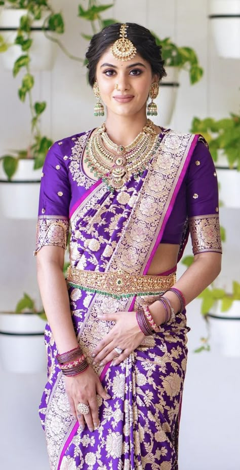 Purple Kanchipuram Saree, Banaras Blouse, Kohl Kajal, Sarees South Indian, Bridal Sarees South Indian, Wedding Saree Blouse Designs, New Saree Blouse Designs, Silk Saree Blouse Designs, Blouse Designs Indian