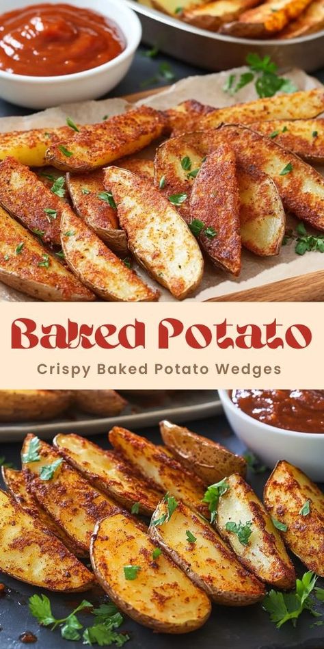 Crispy Baked Potato Wedges with Smoky Chipotle Ketchup Ingredients: 3-4 medium-sized Russet potatoes, scrubbed clean 2-3 tablespoons of olive oil 1 teaspoon paprika (smoked or regular) 1 teaspoon garlic powder 1 teaspoon onion powder Sea salt to taste Black pepper to taste #Baked #Potato Diy Potato Wedges Oven Baked, Russet Potato Wedges In Oven, Seasoned Wedges, Chipotle Ketchup, Russet Potato Recipes, Baked Potato Wedges, Crispy Baked Potatoes, Potato Wedges Recipe, Potato Wedges Baked