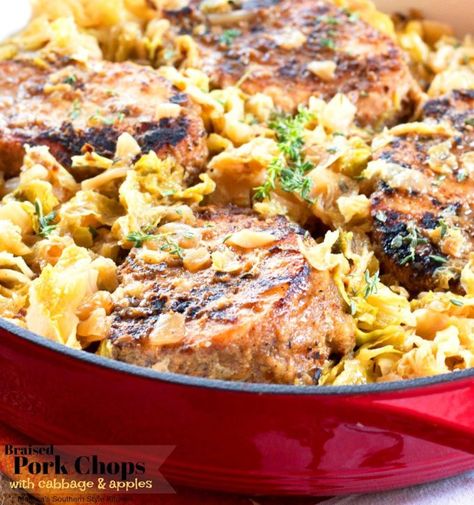 Cabbage And Apples, Crockpot Cabbage, Easy Cabbage Recipes, Braised Pork Chops, Thick Cut Pork Chops, Sausage Stew, Cabbage And Sausage, Braised Cabbage, Roasted Cabbage