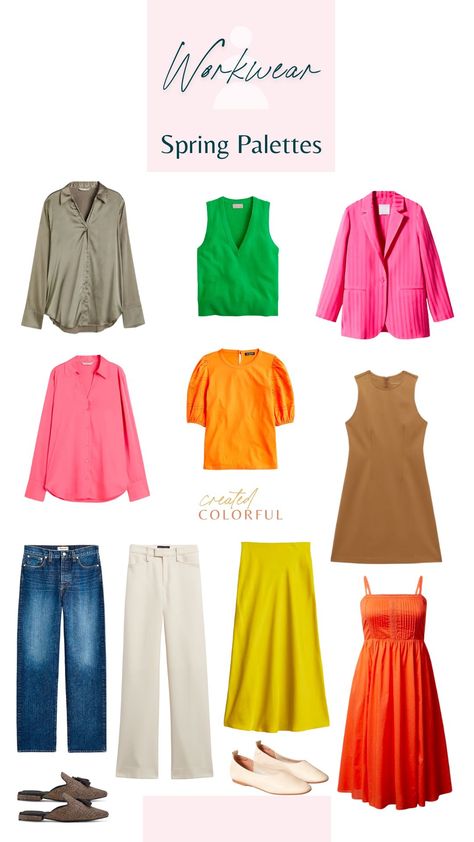 Spring Colour Clothes, Clear Spring Work Outfits, Clear Spring Neutrals, Bright Spring Work Outfits, Spring Color Pallete Outfits, True Spring Color Palette Outfits Capsule Wardrobe, Bright Spring Palette Outfits, House Of Color Spring Outfits, Bright Spring Color Palette Clothes