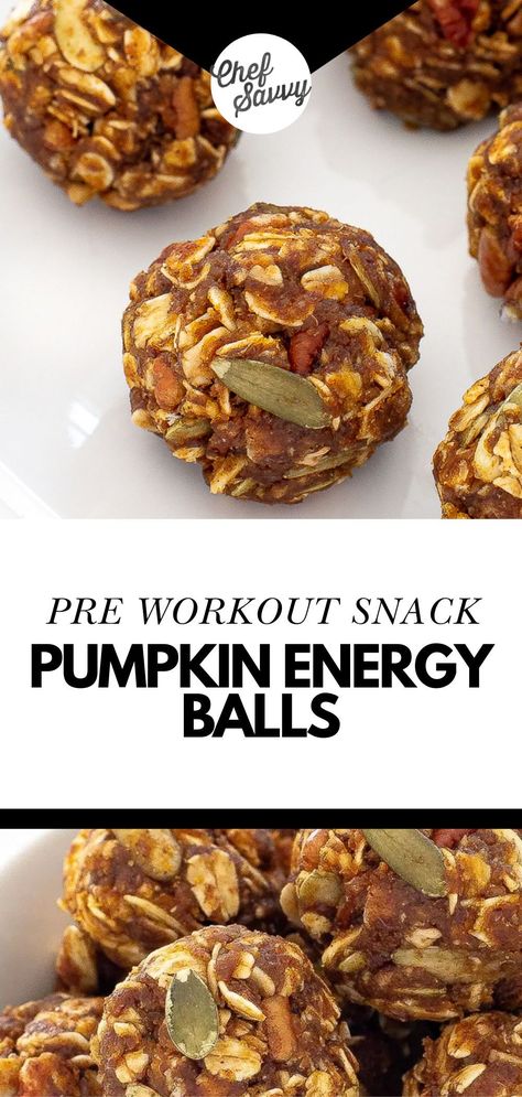 Save this No Bake Healthy Pumpkin Energy Balls Recipe. These Pumpkin Energy Balls are loaded with healthy fats and lots of protein! I added REAL pumpkin puree, pumpkin spice, pepitas, nut butter and oats. They make the perfect pre-workout snack or breakfast and are great on the go. Follow Chef Savvy for more easy and healthy snack recipes, pumpkin recipes, fall dessert recipes and no bake desserts! Pumpkin Oatmeal Protein Balls, Pumpkin Protein Balls, Pumpkin Protein Bars, Pumpkin Energy Balls, No Bake Healthy, Puree Pumpkin, Energy Balls Recipe, Healthy Snack Recipes, Oatmeal Bake