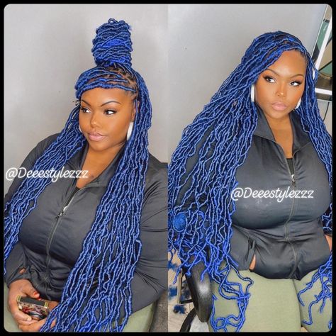 Black And Blue Faux Locs, Blue Faux Locs Black Women, Blue Twists For Black Women, Faux Locs Styles Color, Blue Soft Locs, Blue Box Braids, Mini Twists Natural Hair, Blue Braids, Hairstyle For Black Women