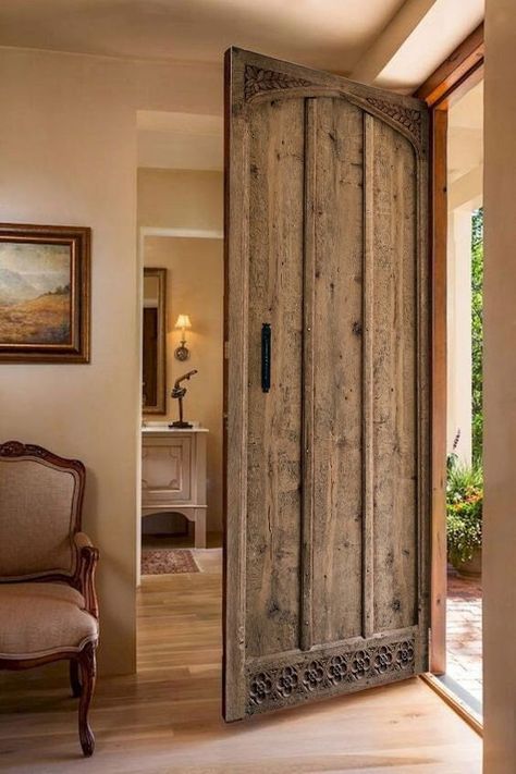 Rustic Wood Front Door, Wood Bedroom Door, Unique Doors Interior, Interior Door With Glass, Stained Interior Doors, White Oak Front Doors, Rustic Wood Door, California Mediterranean, Carved Wood Door