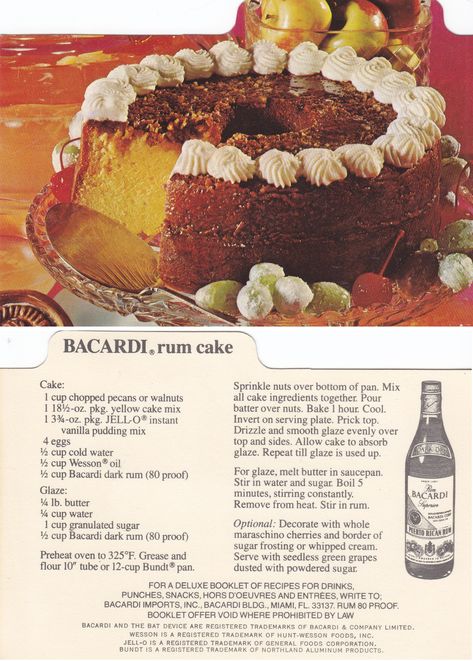 This was part of a 3-card set of recipe cards my mom had tucked away in her recipe card box. It's undated, but one of the other cards is dated 1978 so that's probably this one's birthday too. It doesn't get much more 1970s than this: a cake with liquor, started with a boxed cake mix, done in a Bundt pan, glazed with a sticky sugar-rum mixture, and decorated with sugared grapes and maraschino cherries. WOW. Recipe For Rum Cake, Cake With Liquor, Bacardi Rum Cake Recipe, Alcohol Cupcakes, Rum And Raisin Cake, Bacardi Rum Cake, Rum Alcohol, Cream Cheese Bundt Cake, Raisin Cake