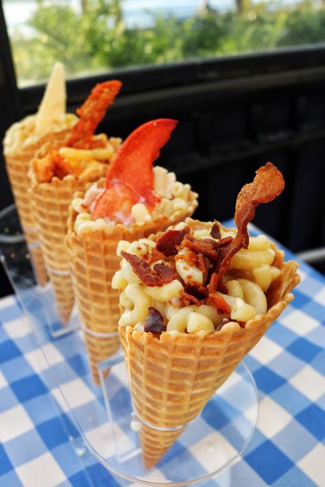 Cheese Cones, Cone Recipes, Gourmet Mac And Cheese, Waffle Cone Recipe, Street Food Business, Starting A Food Truck, Food Truck Menu, Food Bouquet, Savory Waffles