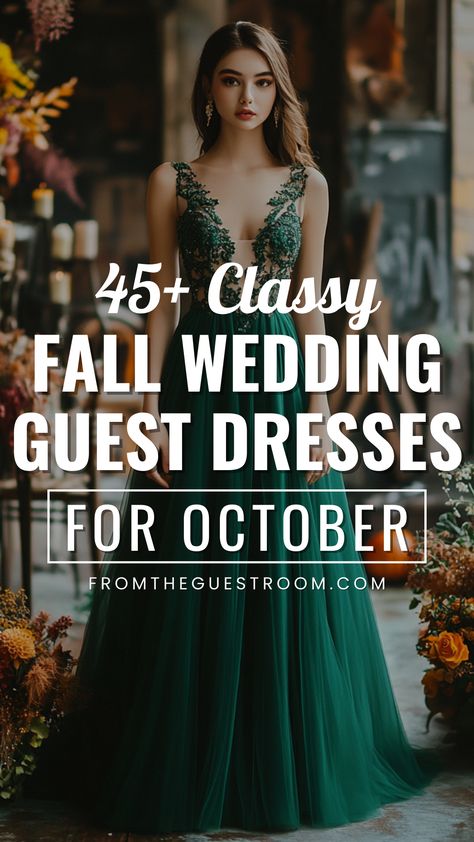 a woman wears a classy fall wedding guest dress for october Dress For Winter Wedding Guest, Wedding Guest Outfits Fall, Wedding Guest Dress For Fall, Autumn Wedding Guest Outfit, Wedding Guest Dress Curvy, Classy Fall Wedding, October Wedding Guest Outfits, Wedding Guest Dresses Fall, October Wedding Guest Dress