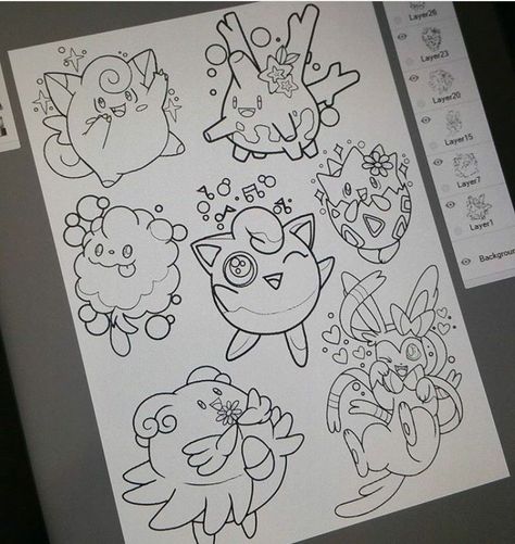 coloring pages 👩‍❤️‍💋‍👨 Clefairy Tattoo, Jigglypuff Tattoo, Pokemon Sleeves, Pokemon Sketch, Kunst Tattoos, Pokemon Tattoo, Cute Little Tattoos, Cartoon Tattoos, Time Tattoos